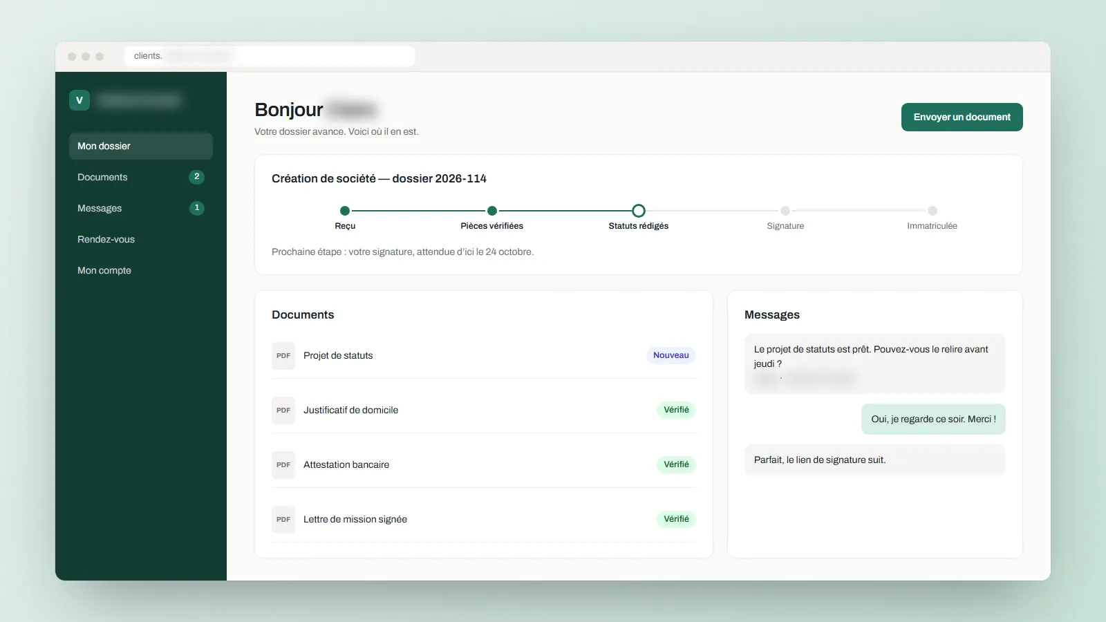 Illustration d’un espace client : l’avancement d’un dossier, ses documents et les messages avec le cabinet.
