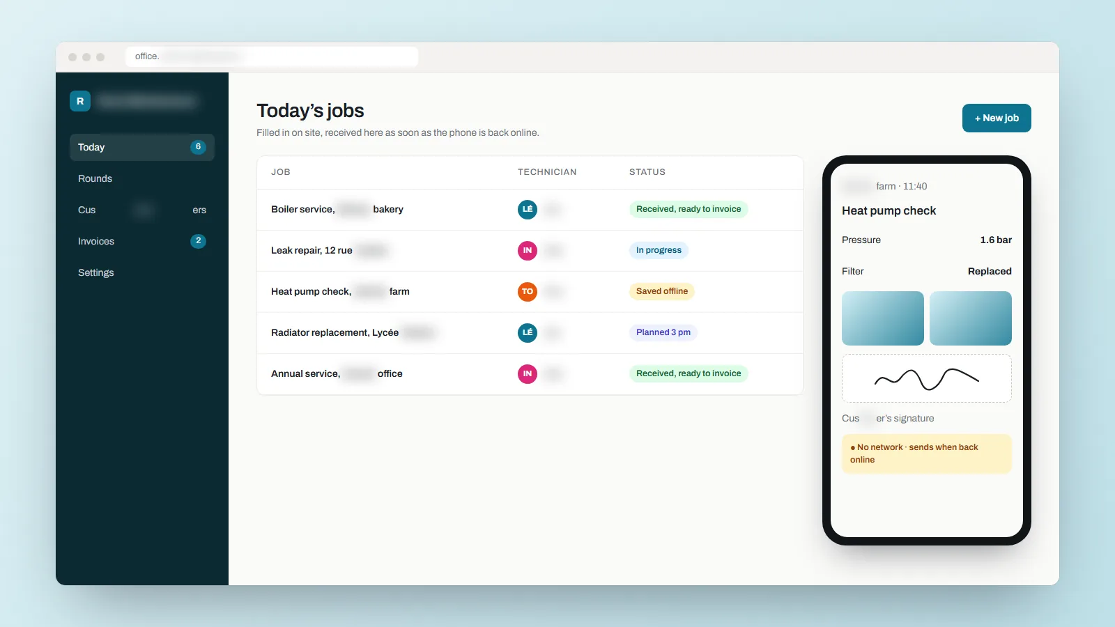Illustration of a field app: the day’s job on a phone, its photos, the customer’s signature, and the office receiving it.