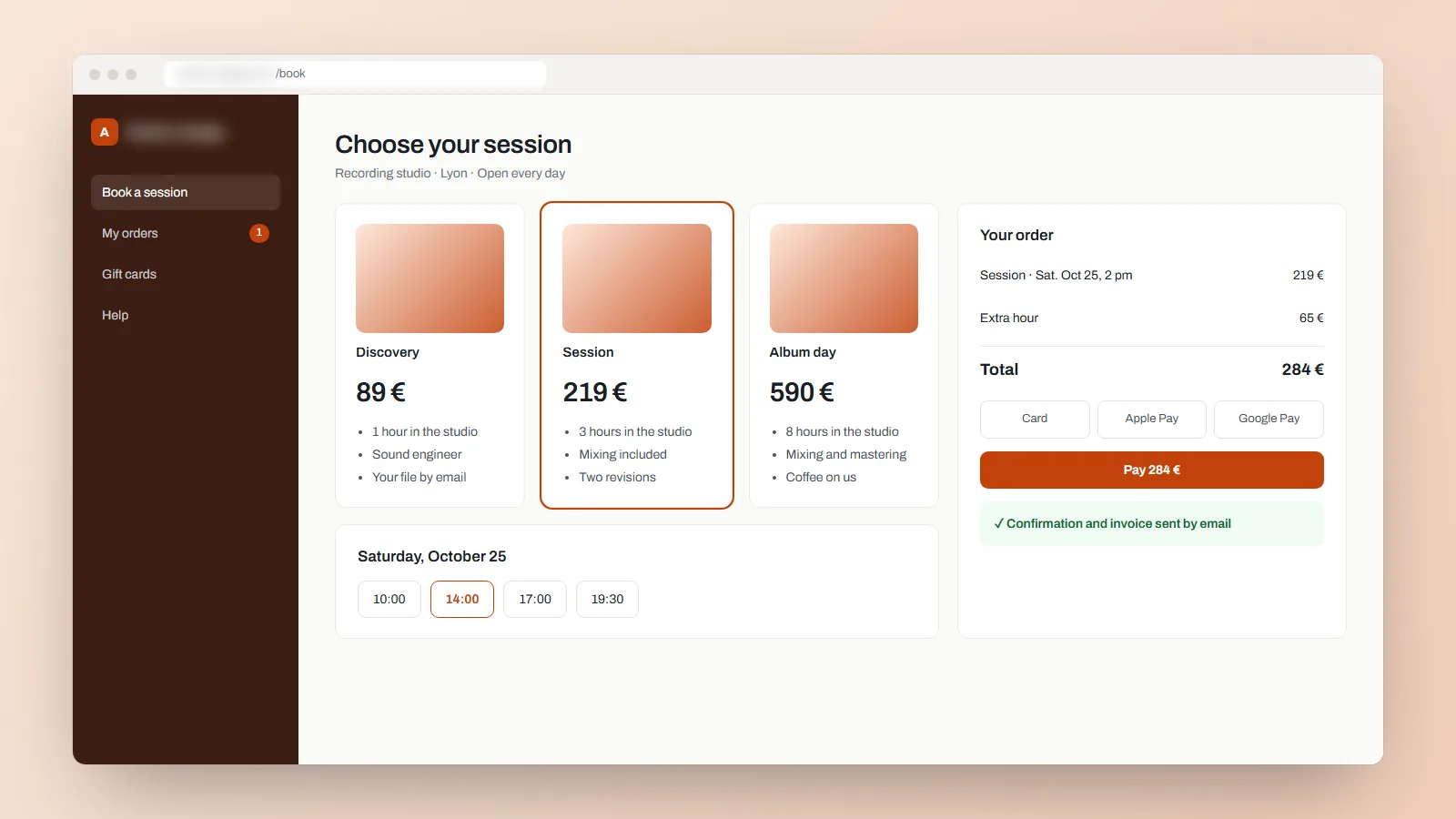 Illustration of an online sale: three offers, a time slot and the payment of the order.
