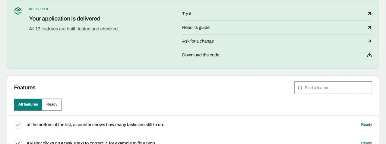 A delivered application: try it, read its guide, ask for a change, download its code