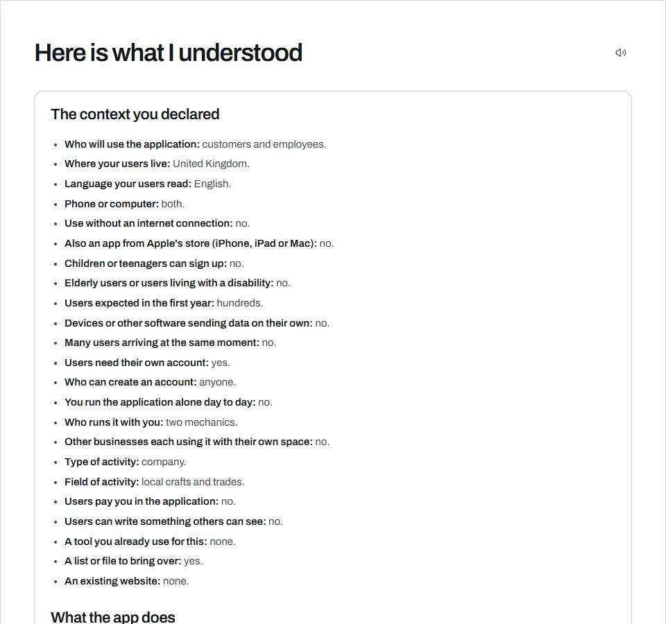 The “Here is what I understood” screen: the context you declared and what the app does