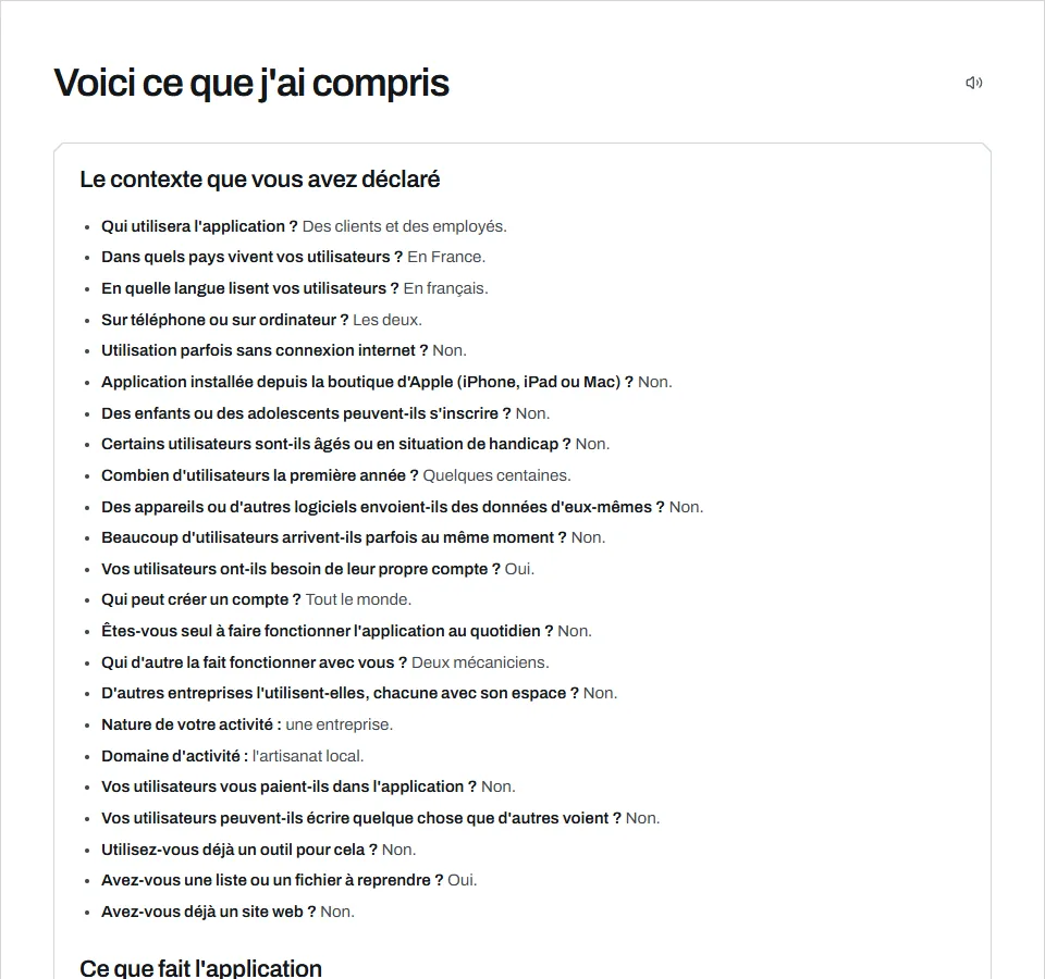 L’écran « Voici ce que j’ai compris » : le contexte déclaré et ce que fait l’application